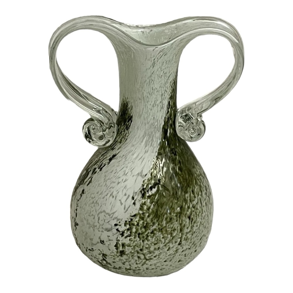 Poland Vase Green & White Double Handled Glass 10” Poland